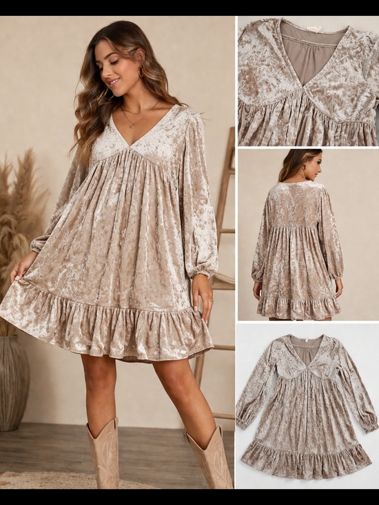 Hem & Thread Dresses & Skirts - Velvet V-Neck Ruffle Hem Mini Dress - Taupe Champagne